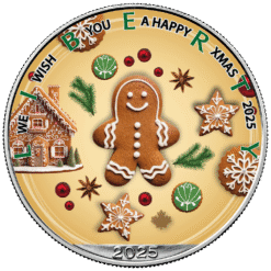 The colorful design features a large, friendly smiling gingerbread figure, surrounded by Christmas decorations such as fir branches, red berries, star anise, as well as intricately decorated gingerbread and icing cookies in star and round shapes.