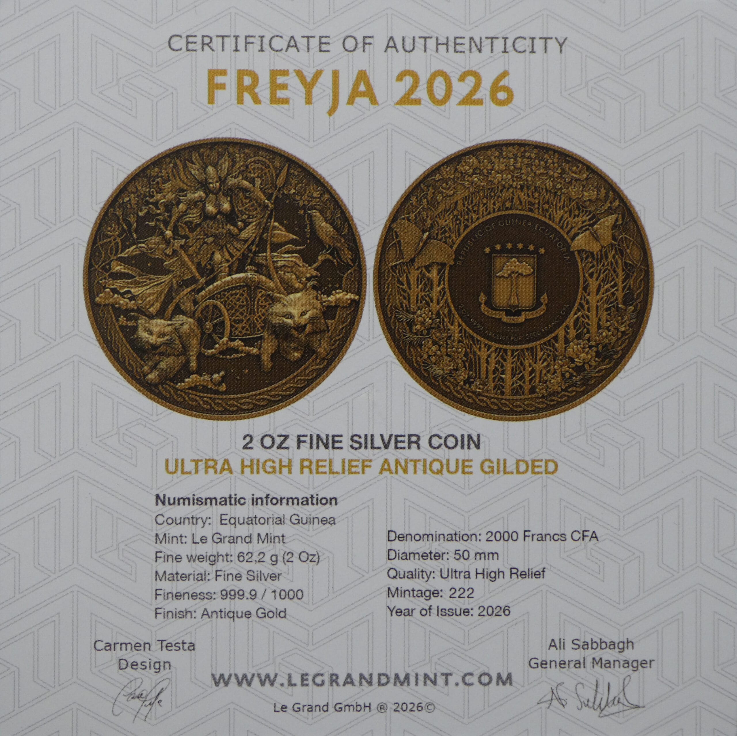 2026 Freyja Antique Gold Finish UHR 2oz Silver Bullion Proof - Image 3