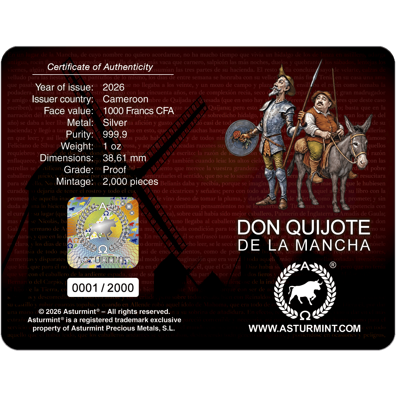2026 Don Quijote De La Mancha 1oz silver Bullion Proof - Image 3